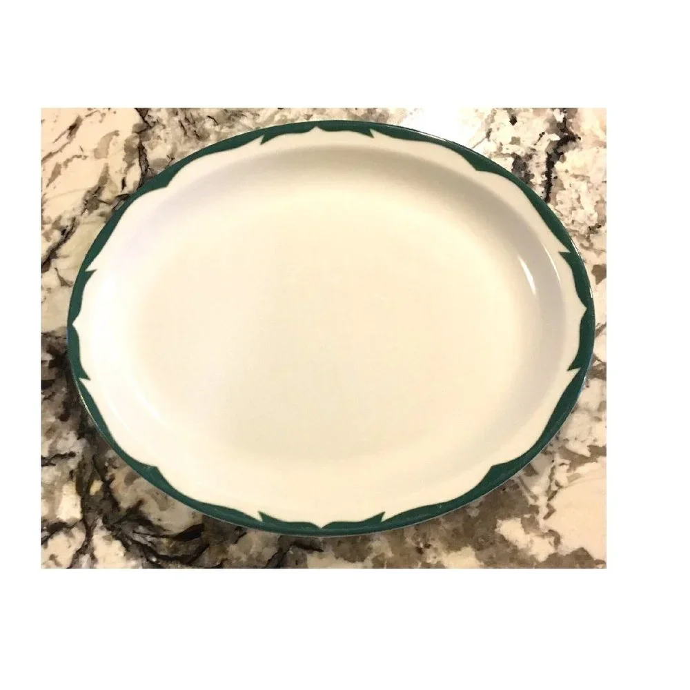 VINTAGE Mayer China Green Scroll Oval Platter Restaurant Ware HEAVYWEIGHT 13.75